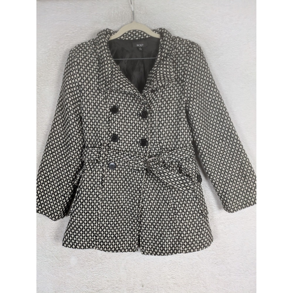BCX Girl Pea Coat Girl's Large Black White Geometric Belted Wool Blend